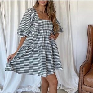 SNDYS REVOLVE Gingham Square-Neck Tiered Mini Dress size AU/UK 8  US 4